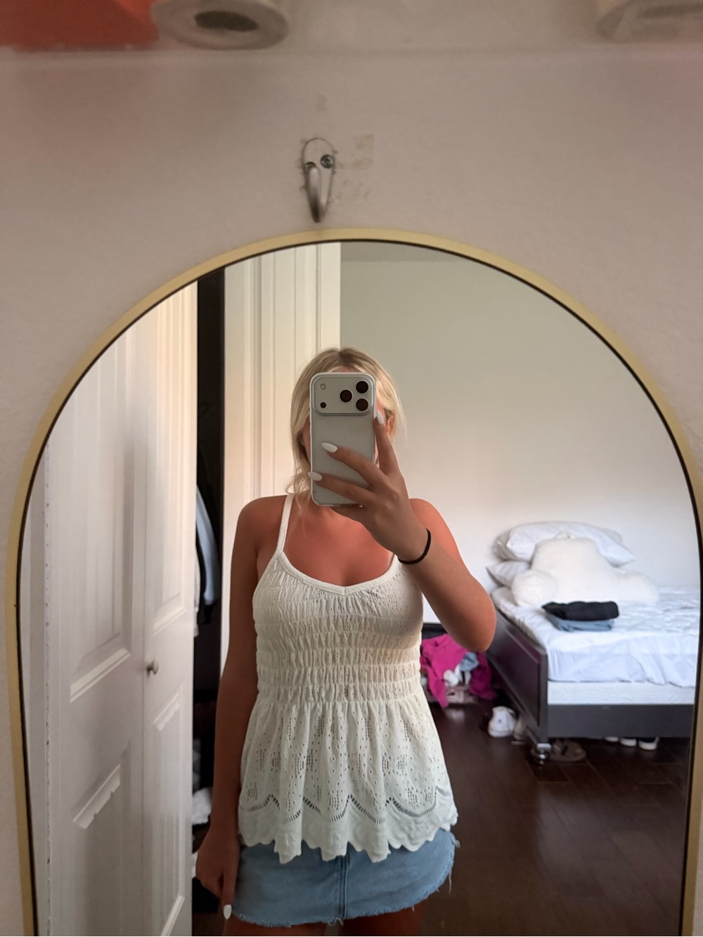 White Eyelet Smocked Babydoll Tank Top | Size Small | NWOT